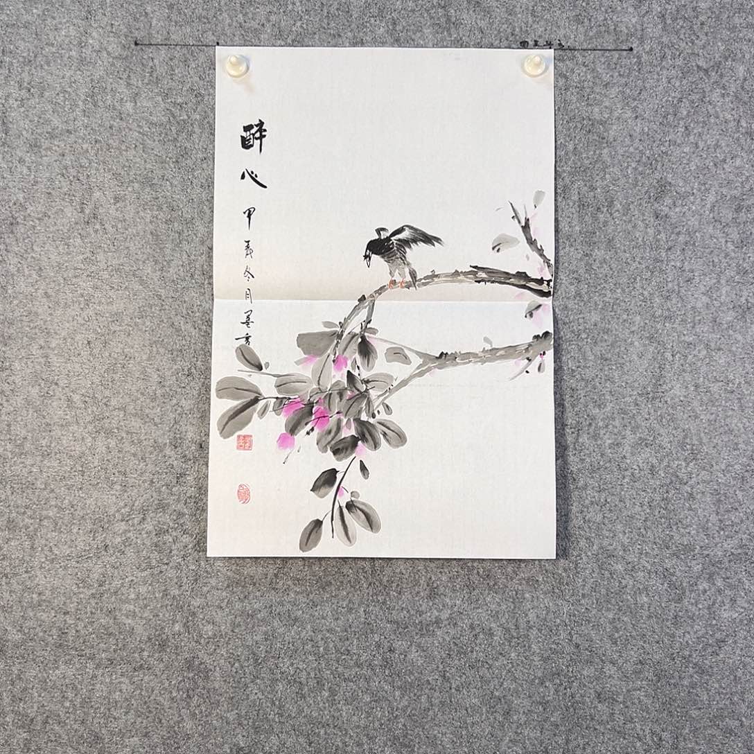 国画177 花鸟在树丛的顶端鸣叫叫声