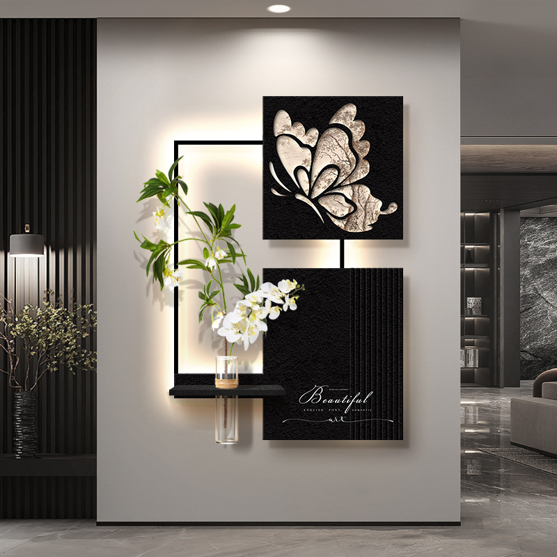 2025新款轻奢玄关感应带灯装饰画水培绿植蝴蝶挂画入户正对门壁画