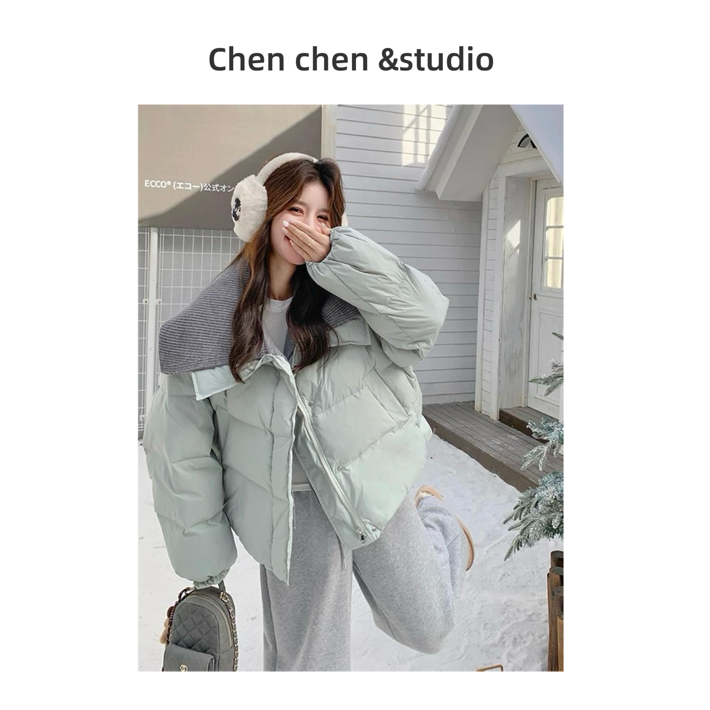 【韩系针织大翻领】冬季新款小个子短款保暖白鸭绒外套女百搭休闲