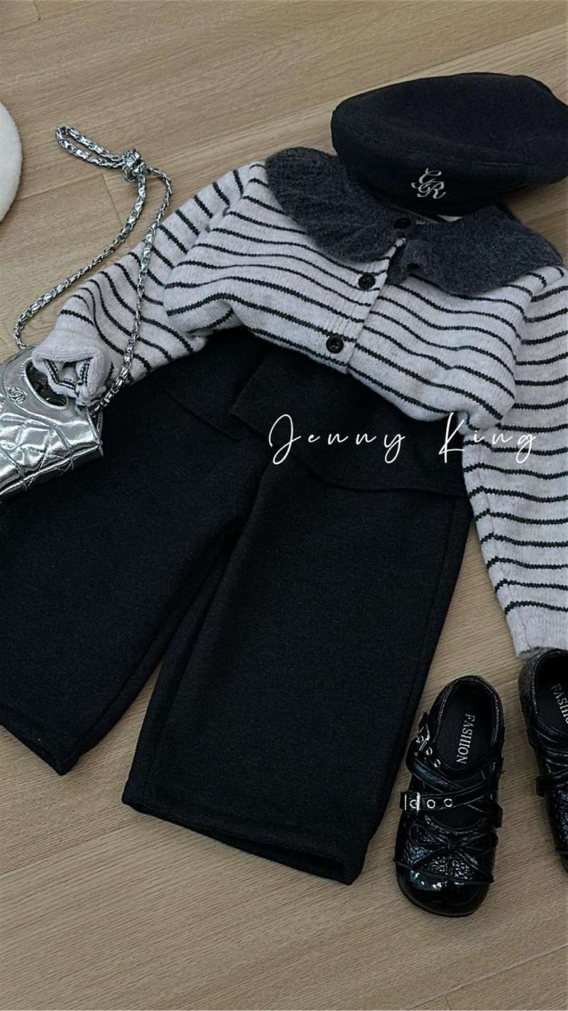 【JZN】25秋冬女宝韩系百搭条纹毛衣开衫屁帘呢子裤套装M2527