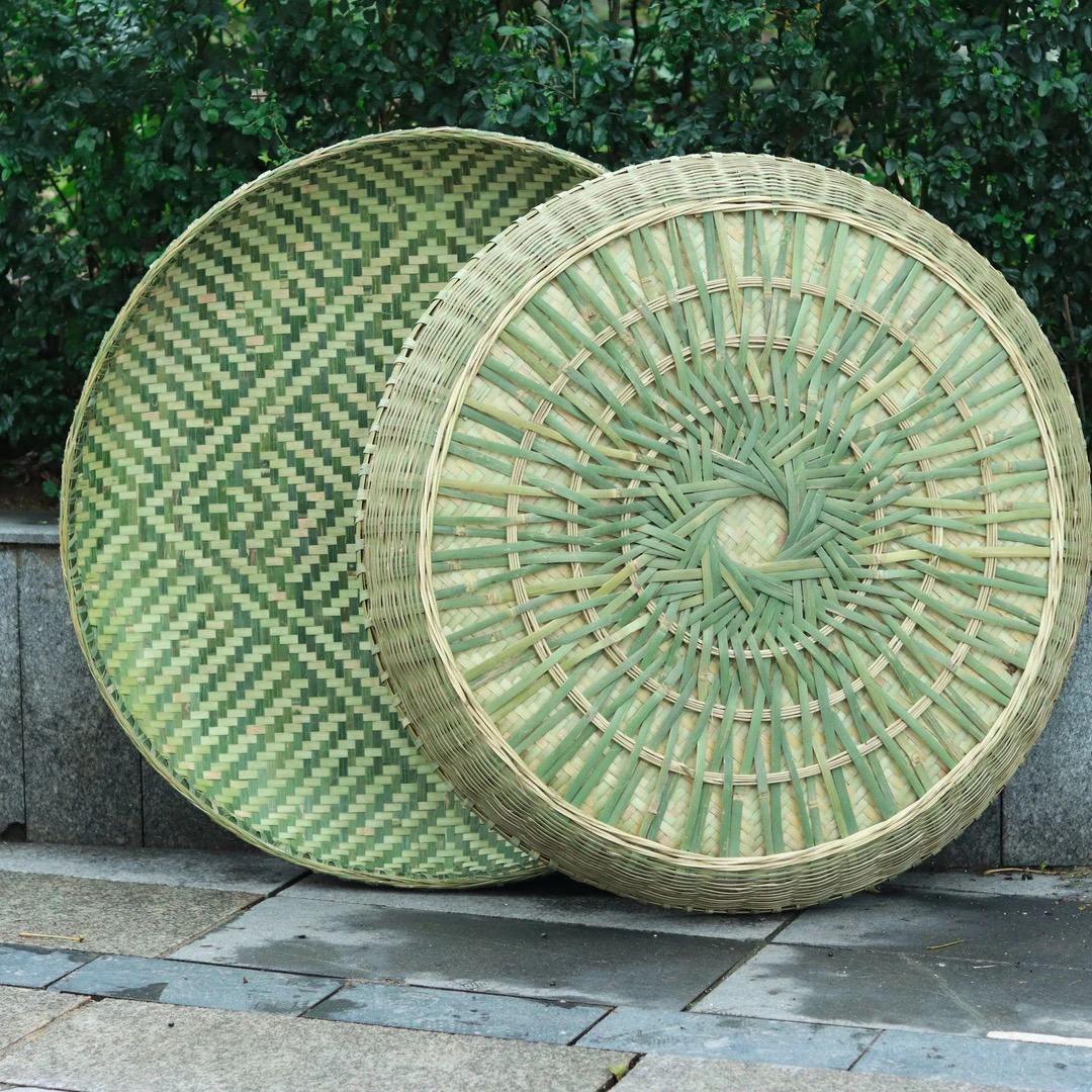 直径80cm花纹蓝盘簸箕晾晒粮食茶叶靑篾锁边圆形加固农家用簸箕