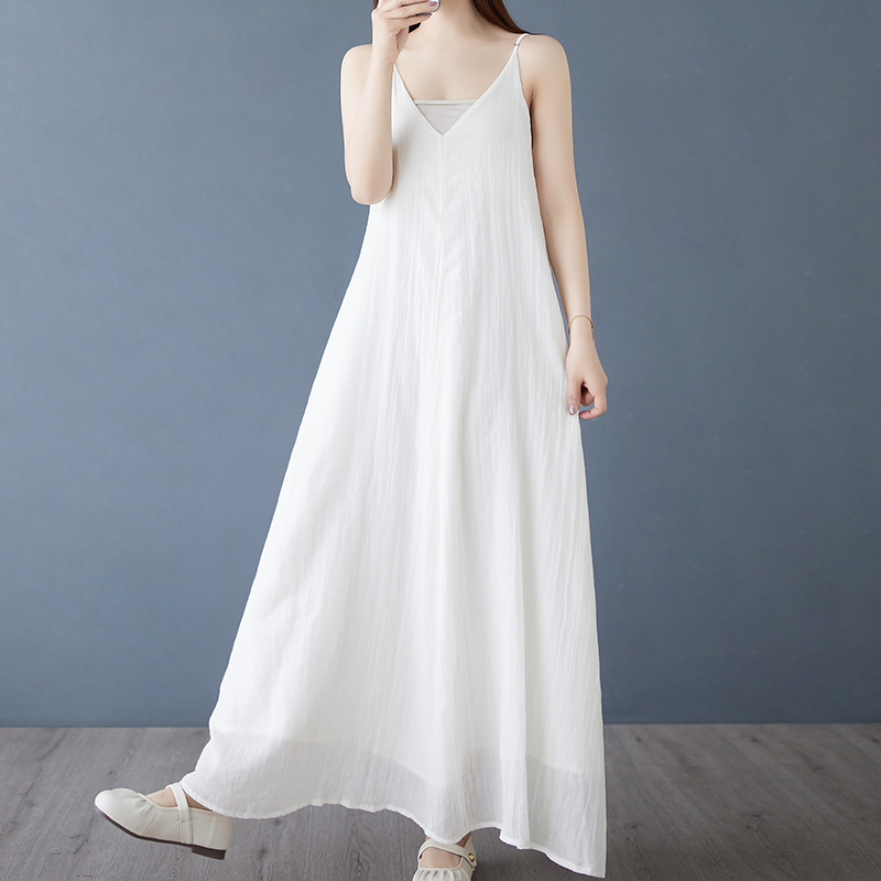 宽松遮肚显瘦垂感飘逸无袖连衣裙女夏季法式温柔风棉麻纯色吊带裙