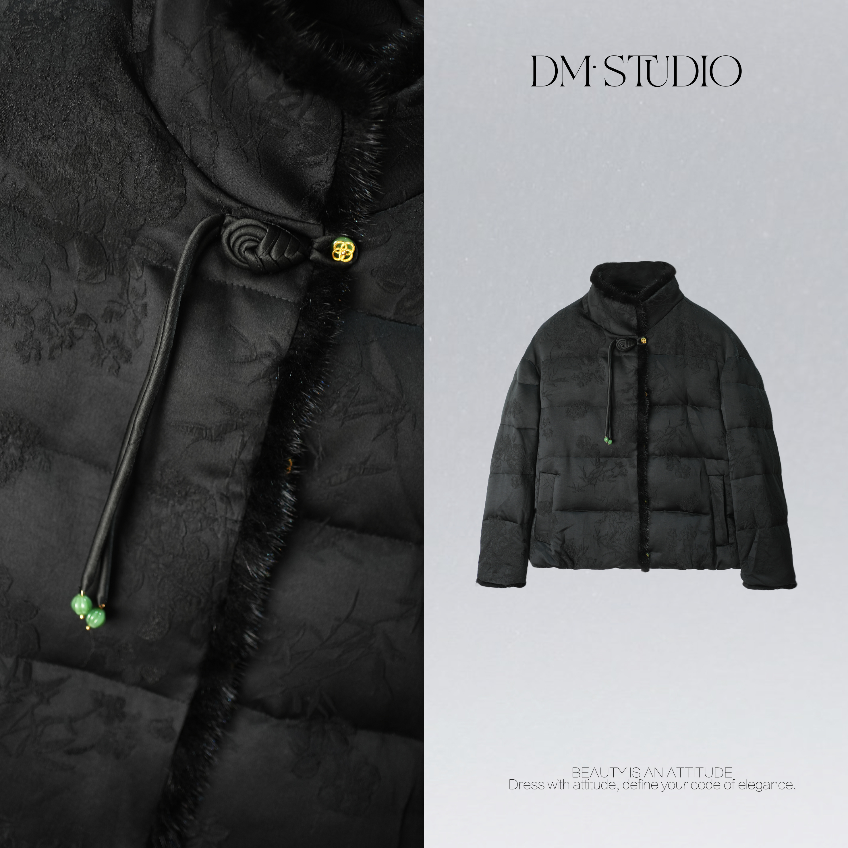 DEDM•STUDIO新中式静奢水貂毛边提花盘扣90白鹅绒服2506YRF/4385