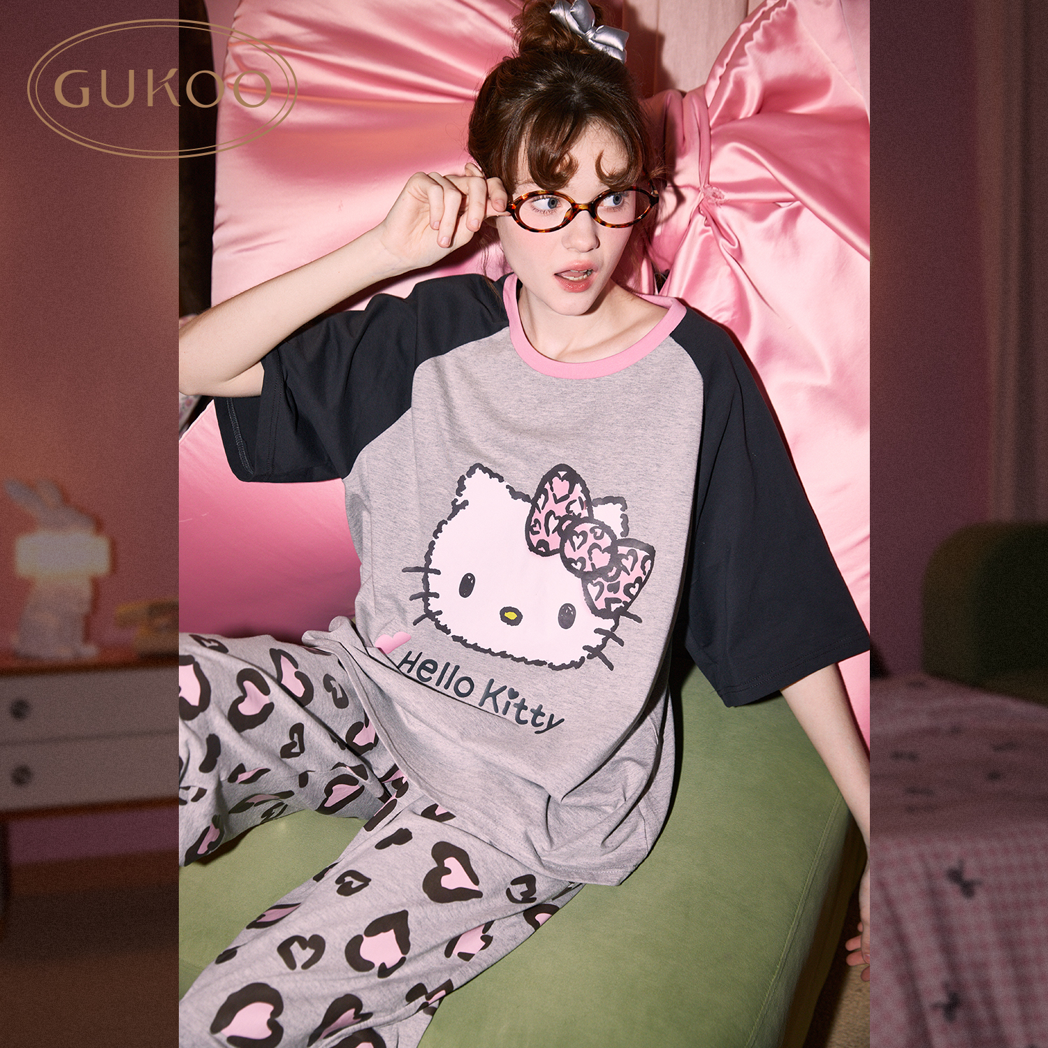 【Gukoo果壳】hellokitty联名春夏新款短袖睡衣纯棉休闲家居服套装