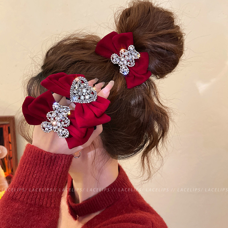 新年红闪钻蝴蝶结发圈女高弹力扎头发绳头花高级感皮筋头绳发饰冬商品图