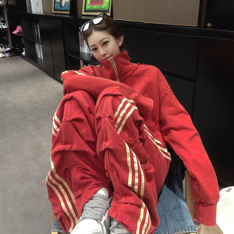 欧洲站2025秋季新款韩版百搭休闲宽松立领外套潮高腰阔腿裤两件套