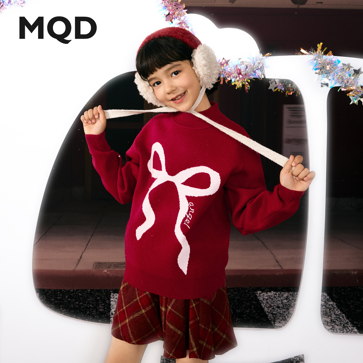 【拜年服】MQD女童25冬新款蝴蝶结圣诞氛围半高领毛衣6654W0726