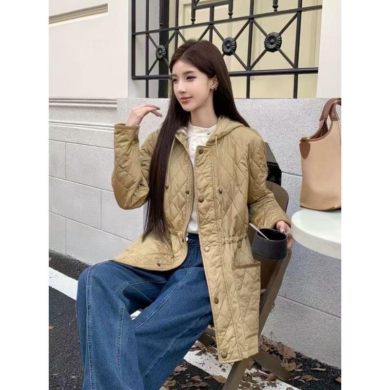 2025年经典菱格女装连帽收腰显瘦保暖时尚棉服外套