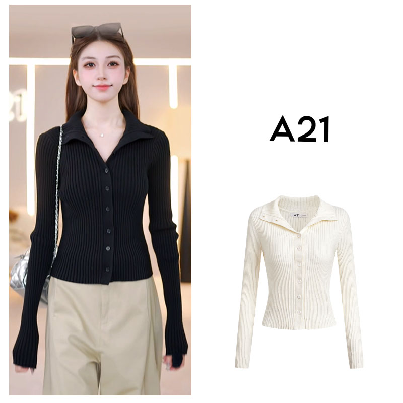 A21女装合体翻领平肩开襟纯色针织衫F443243019