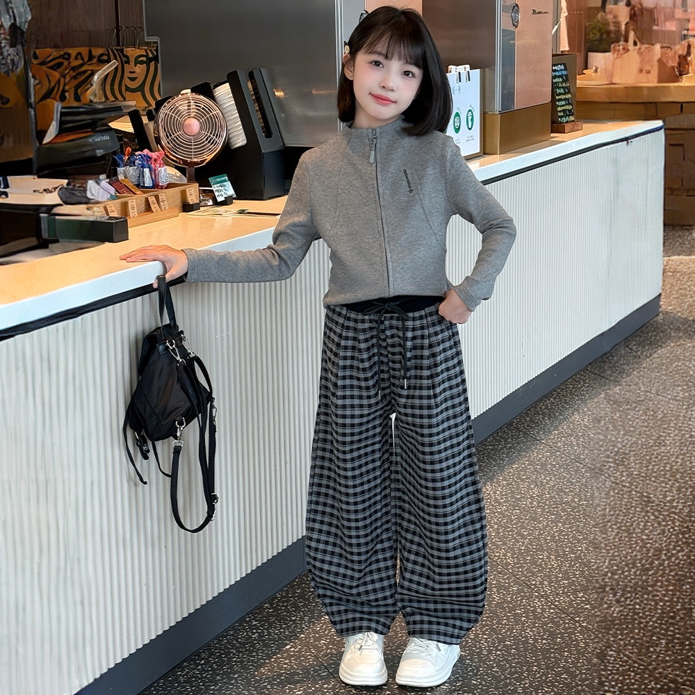童小乖ASY&5539灰色上衣美式格子裤两件套装