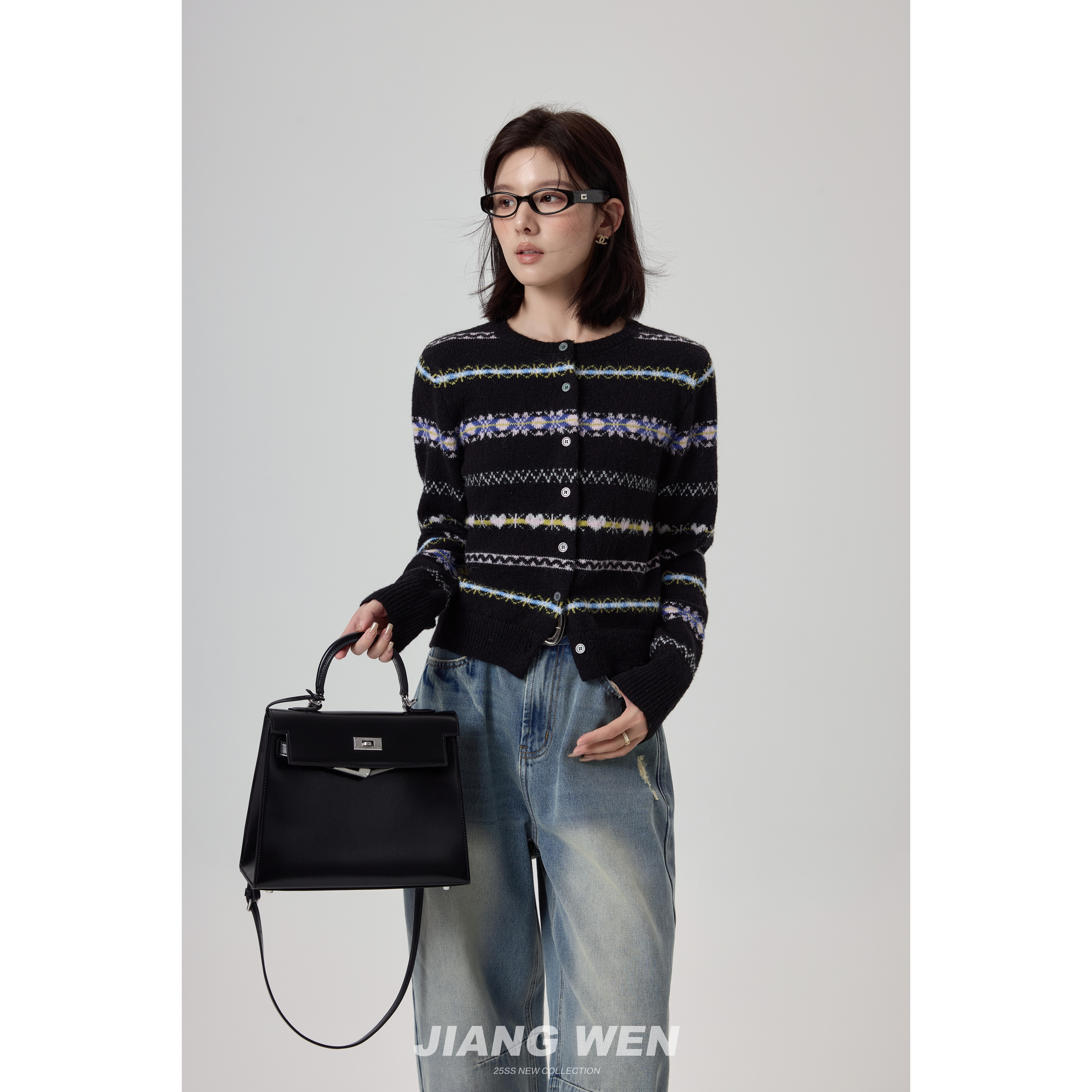 UKILAU【魔术贴】复古古着撞色提花花纹毛衣开衫