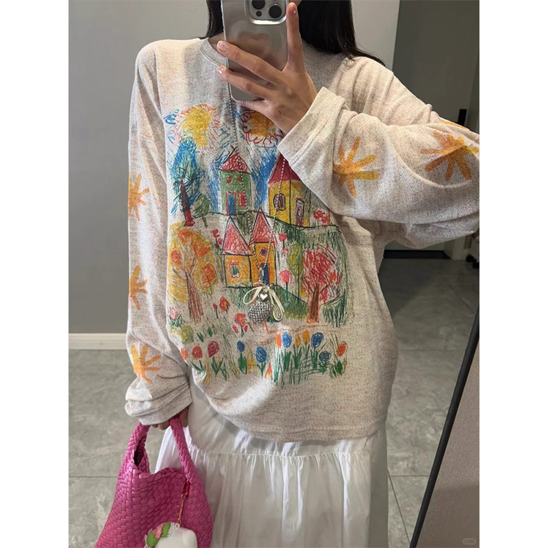 复古涂鸦长袖罩衫t恤女2025新款夏季设计感小众宽松休闲美式上衣