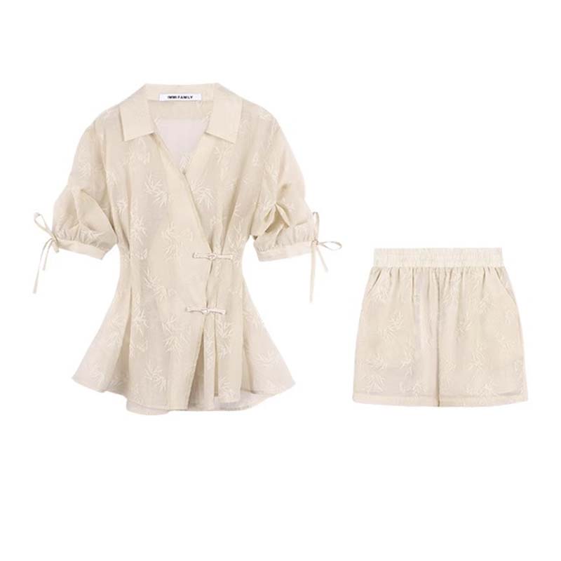 【两件套】【有里布】新中式国潮时尚V领衬衫高腰短裤D2430