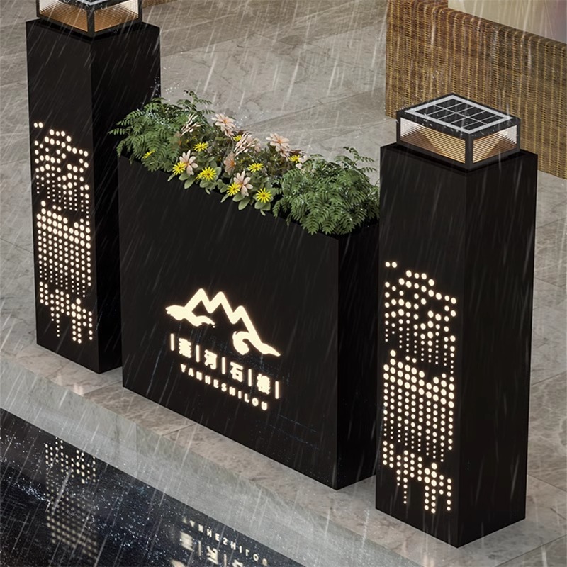 户外铁艺花箱镂空发光外摆街道庭院加厚金属种植箱隔断可定可灯箱