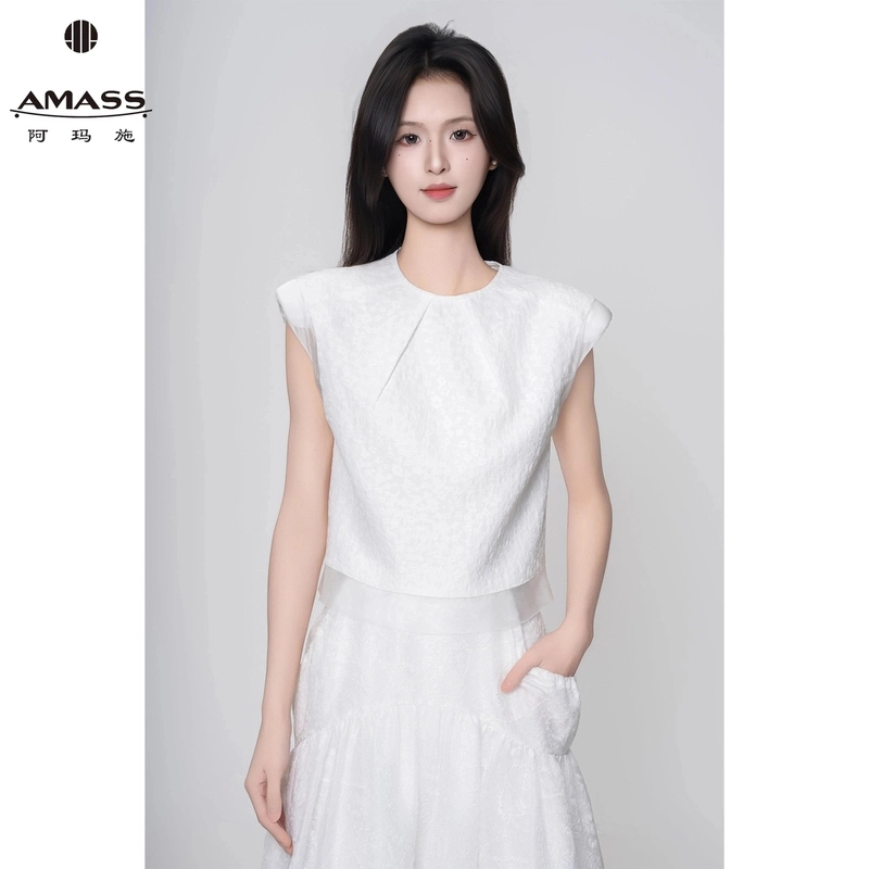 AMASS/阿玛施夏季新款时尚气质千金风飞飞袖圆领短款衬衫女530094