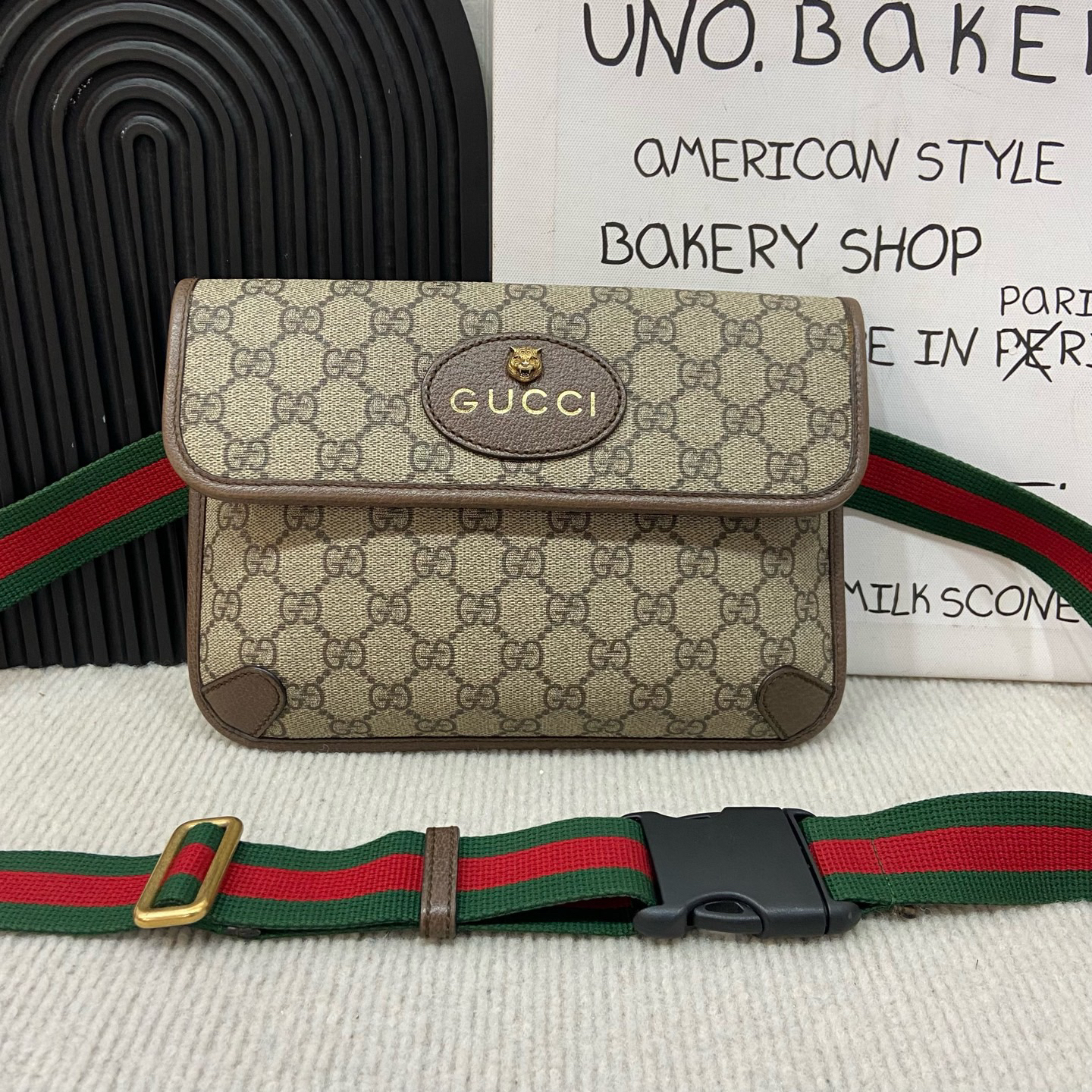 95新 GUCCI/古驰 古驰老花虎头腰包