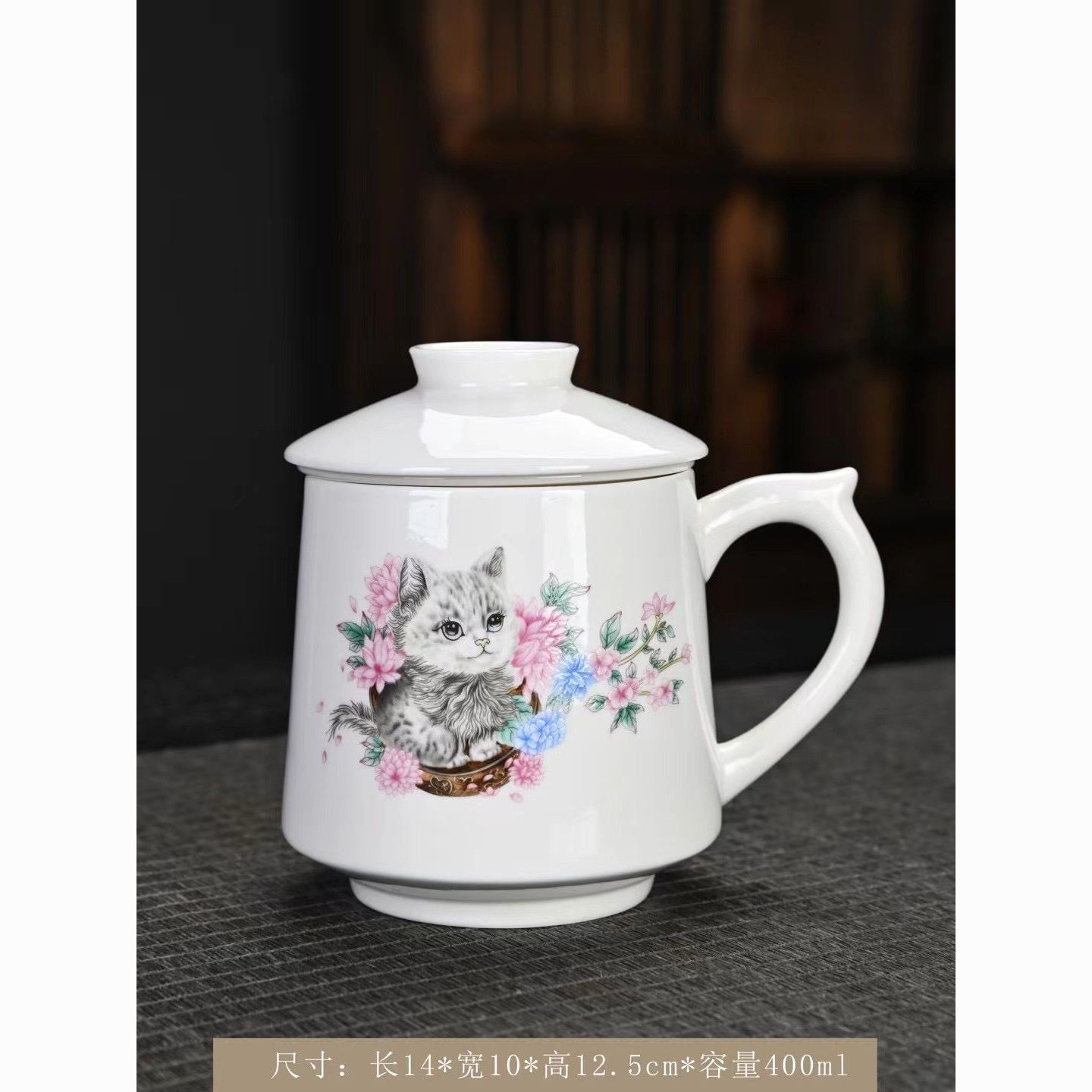G595-白瓷桃花小猫咪办公杯