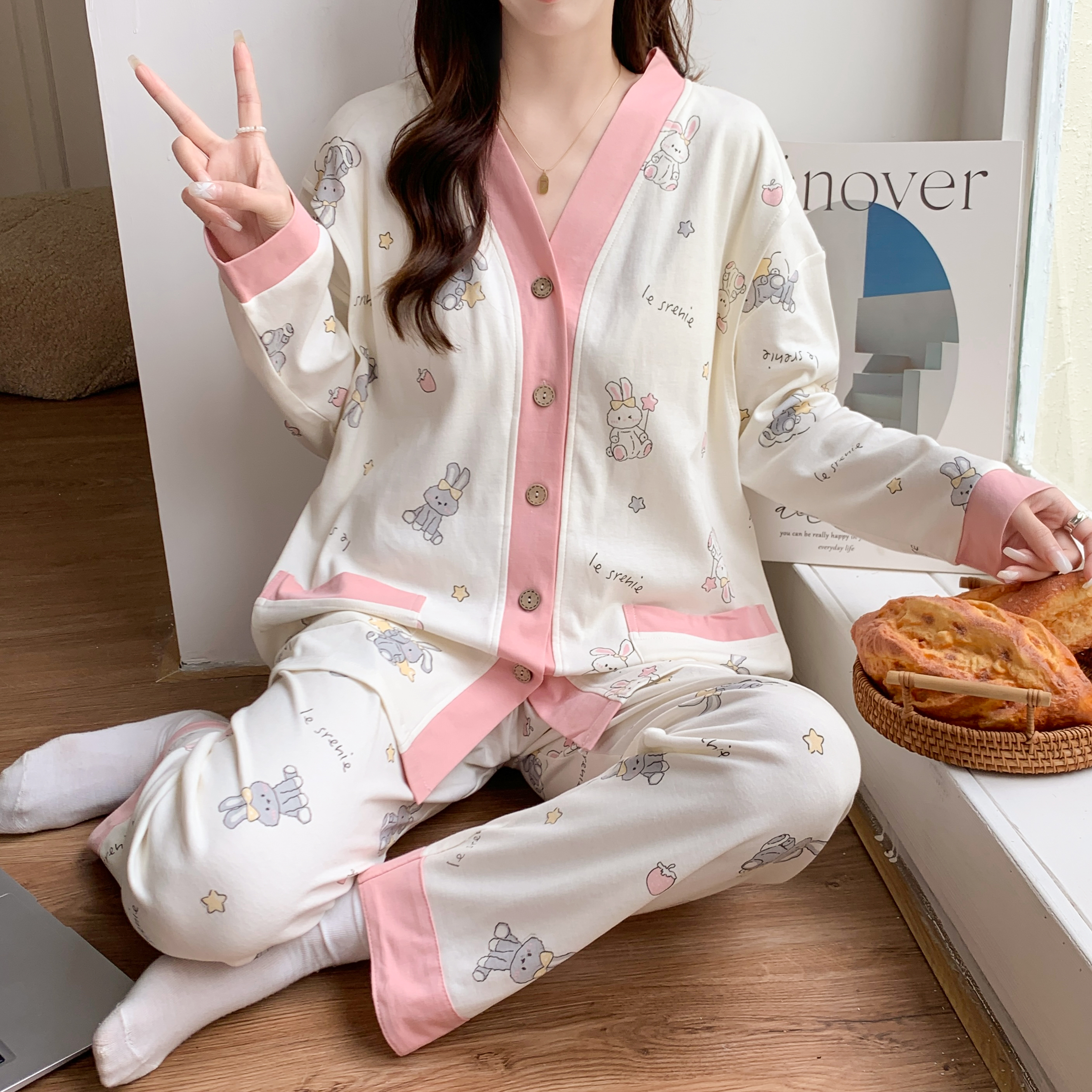 春夏季薄款月子服哺乳装孕妇睡衣家居服喂奶产后长袖产妇怀孕透气