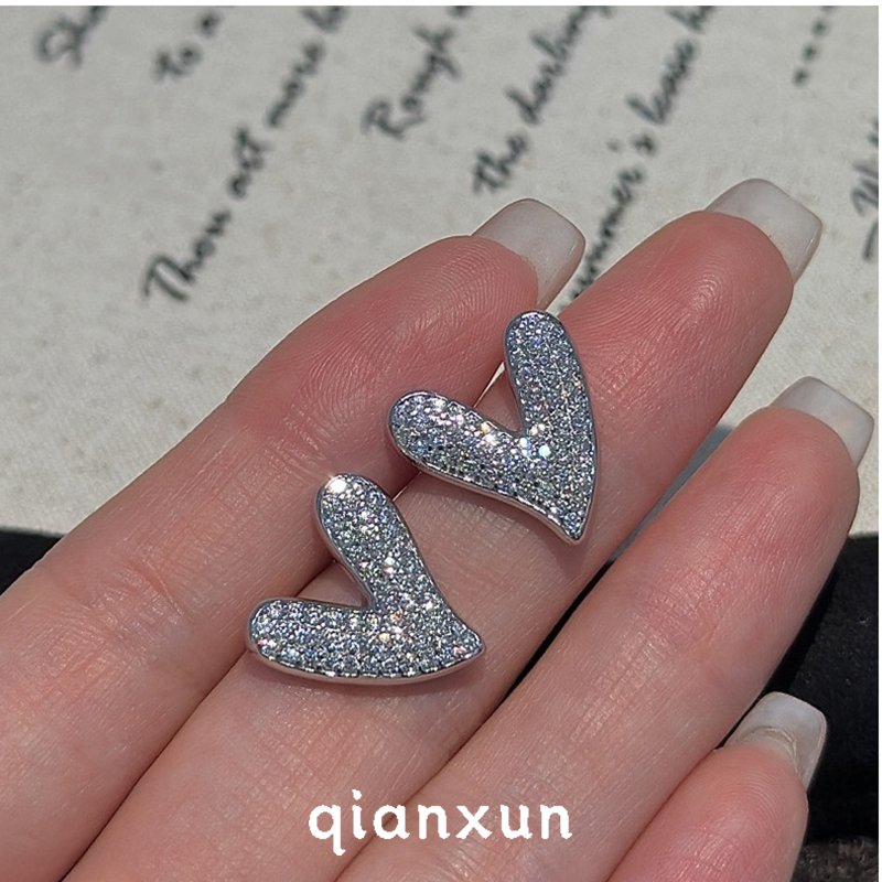 925银耳饰 轻奢满锆心形简约闪钻耳环复古时髦感个性耳饰品耳钉