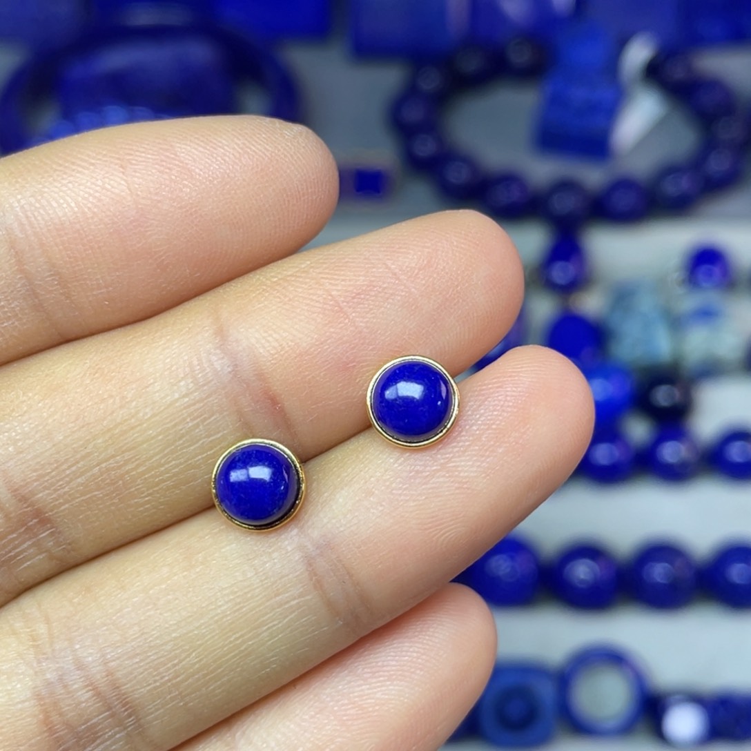 青金石银S925镀金镶嵌7mm耳饰