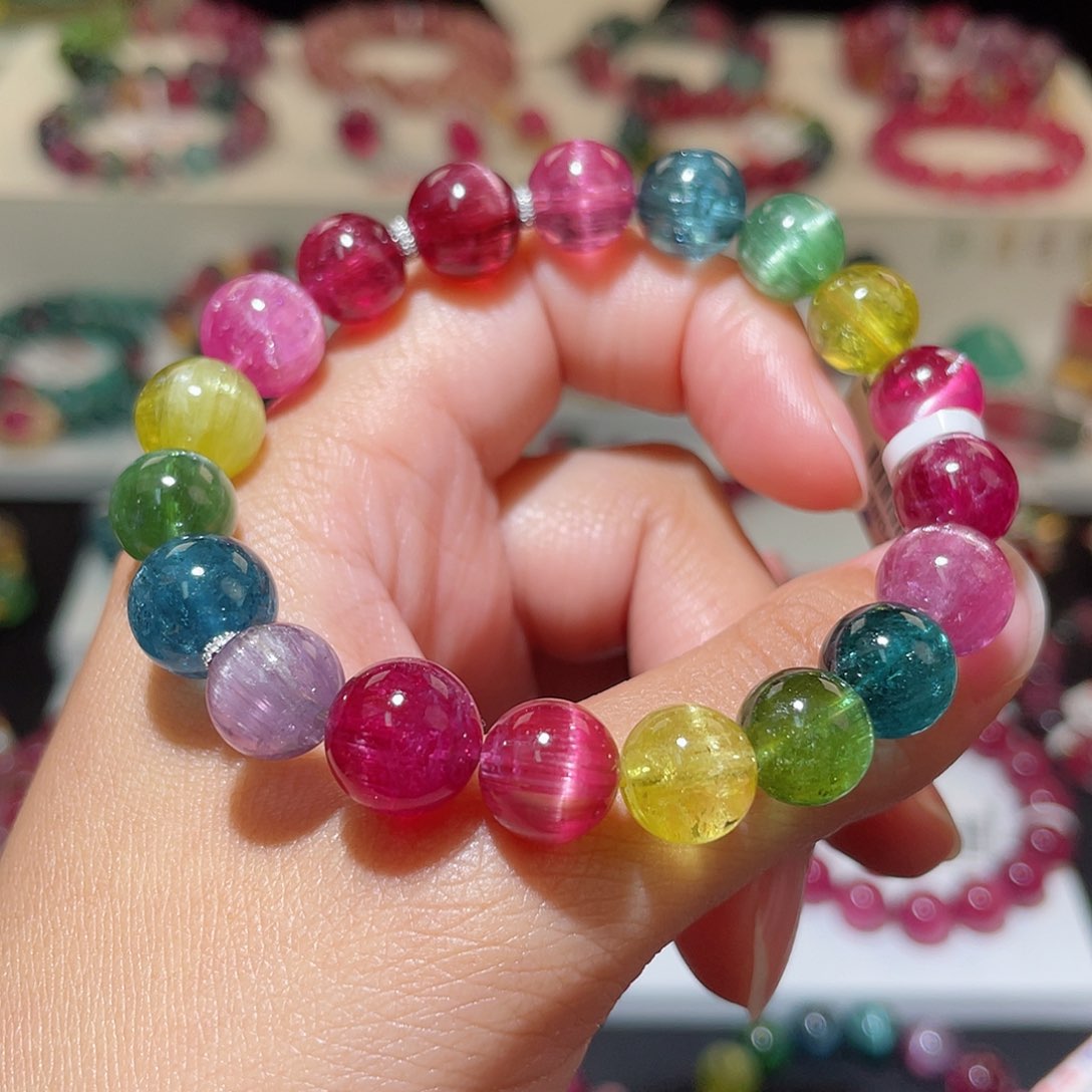 碧玺猫眼手链18K金镶嵌 彩虹色标