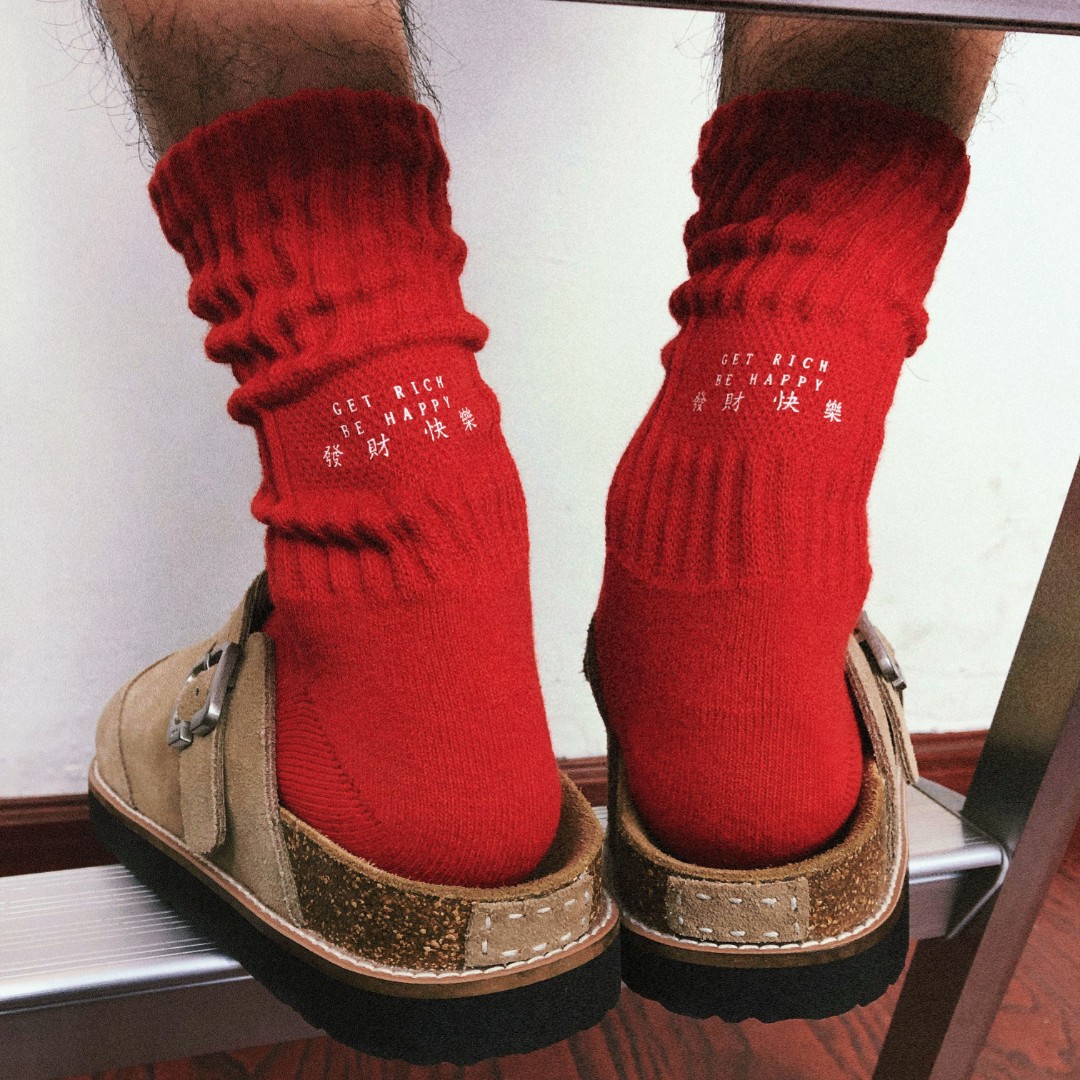TREETALLIFE发财快乐红袜子本命年属马红色系穿搭男女中筒堆堆袜