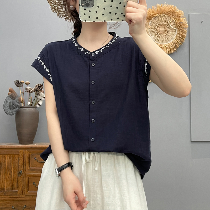 国风雅韵藏青民族风刺绣无袖衬衫女双层纱新中式小衫宽松夏季新款