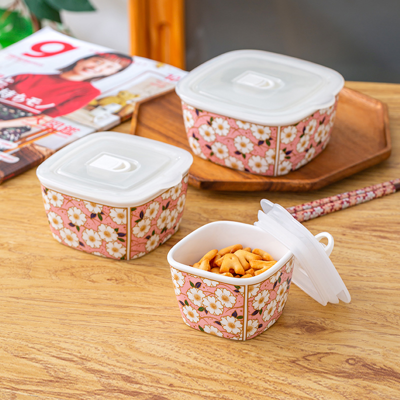 千代源樱花保鲜盒套装餐具日式带盖碗小碗家用陶瓷碗高颜值保鲜碗