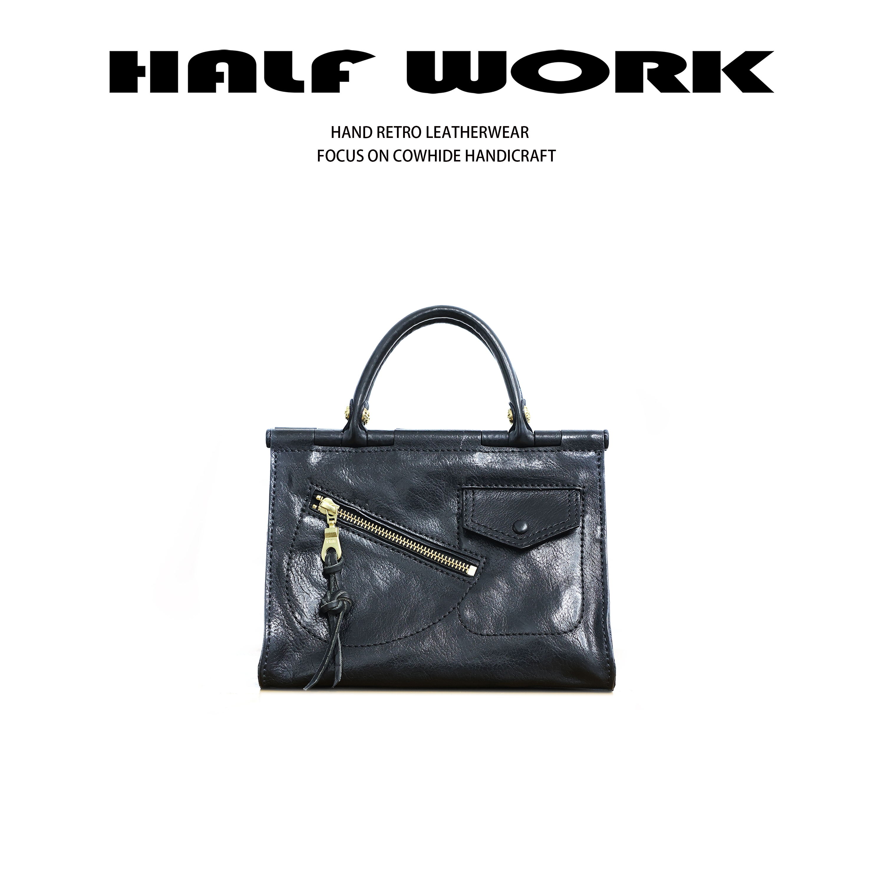 HALF WORK/伴工  头层马皮高定经典手提斜跨包KB-3066