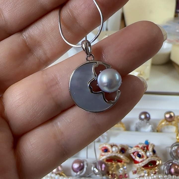 海水珍珠真多麻中式款带链子有纹银S925镶嵌