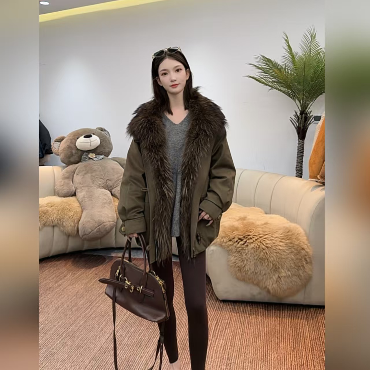 【冬日情书】鹅绒毛领貉子毛女款派克服女款短外套女士