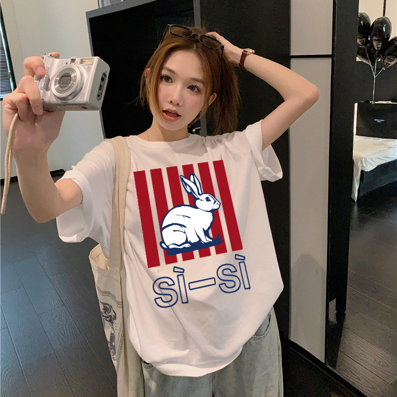 大白兔纯棉休闲t潮牌短袖上衣夏季圆领印花百搭大码情侣装半袖衫