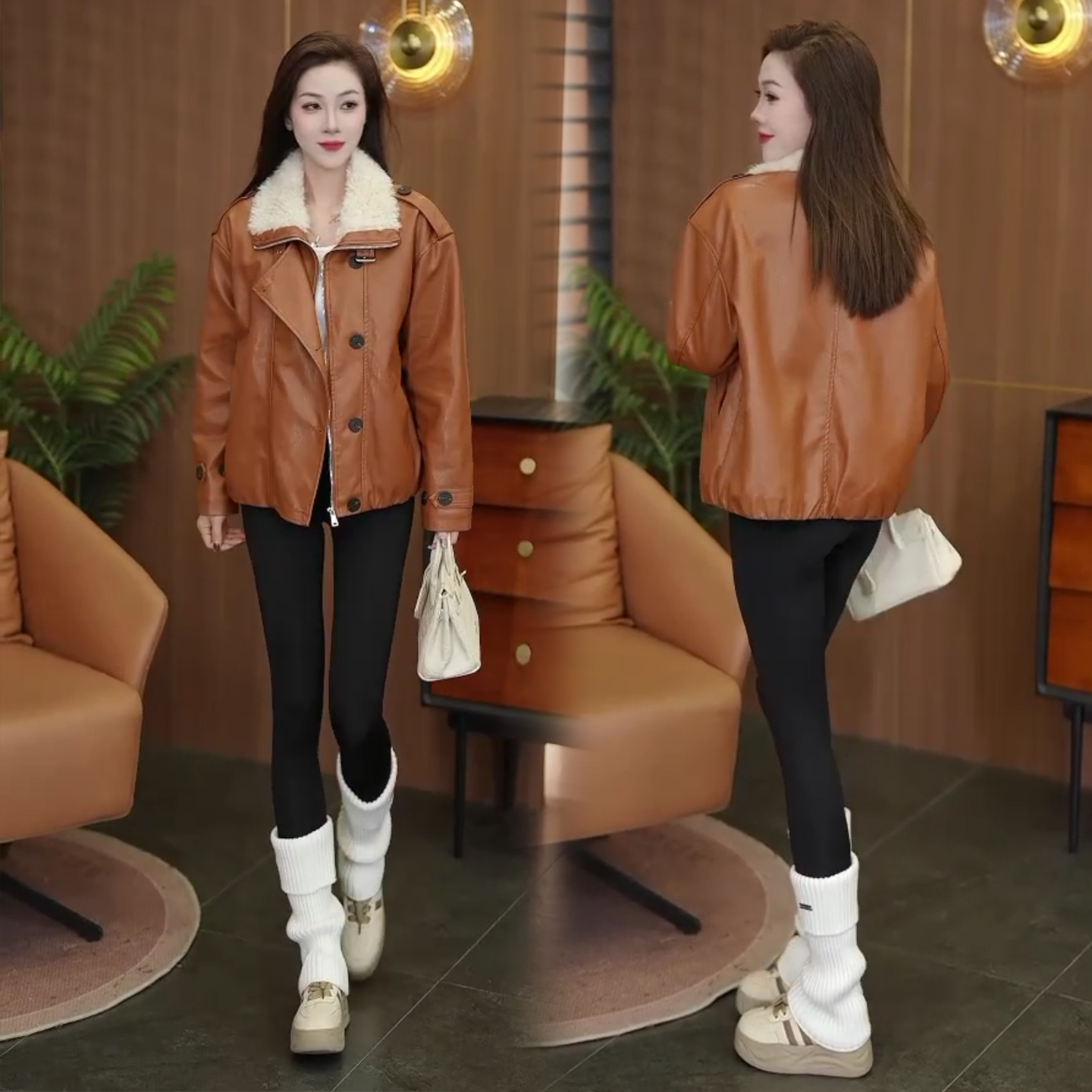 拉夏贝尔加绒加厚皮衣外套女2025秋冬季新款洋气显瘦拼接PU皮夹克