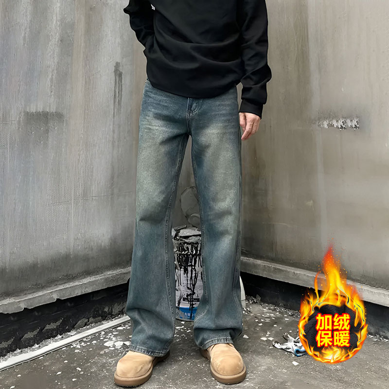 2025秋冬加绒Cleanfit美式复古牛仔裤做旧直筒宽松男女款情侣裤子