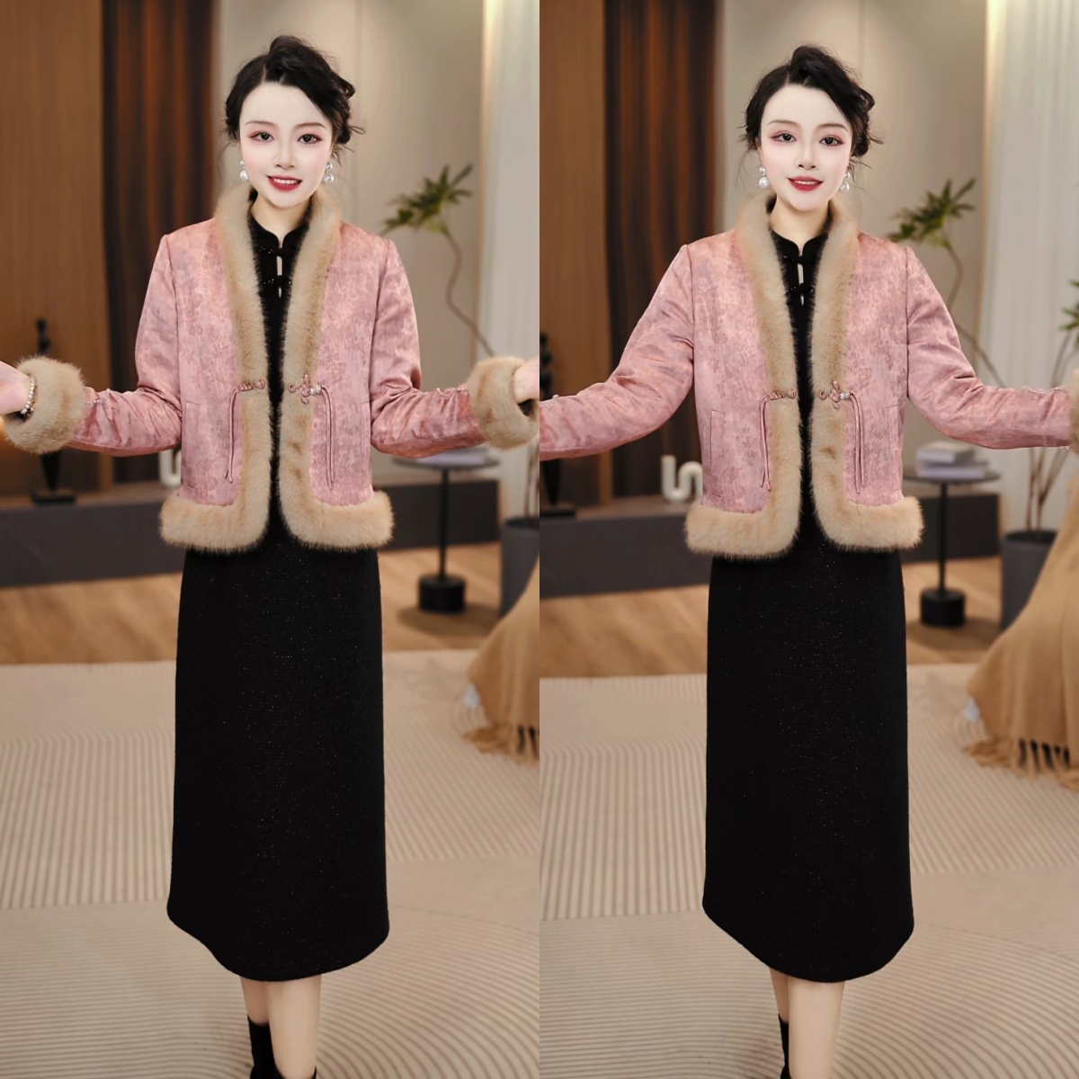 外套+连衣裙 2025冬季新中式带毛领贵气轻奢时尚气质套装裙M-4XL