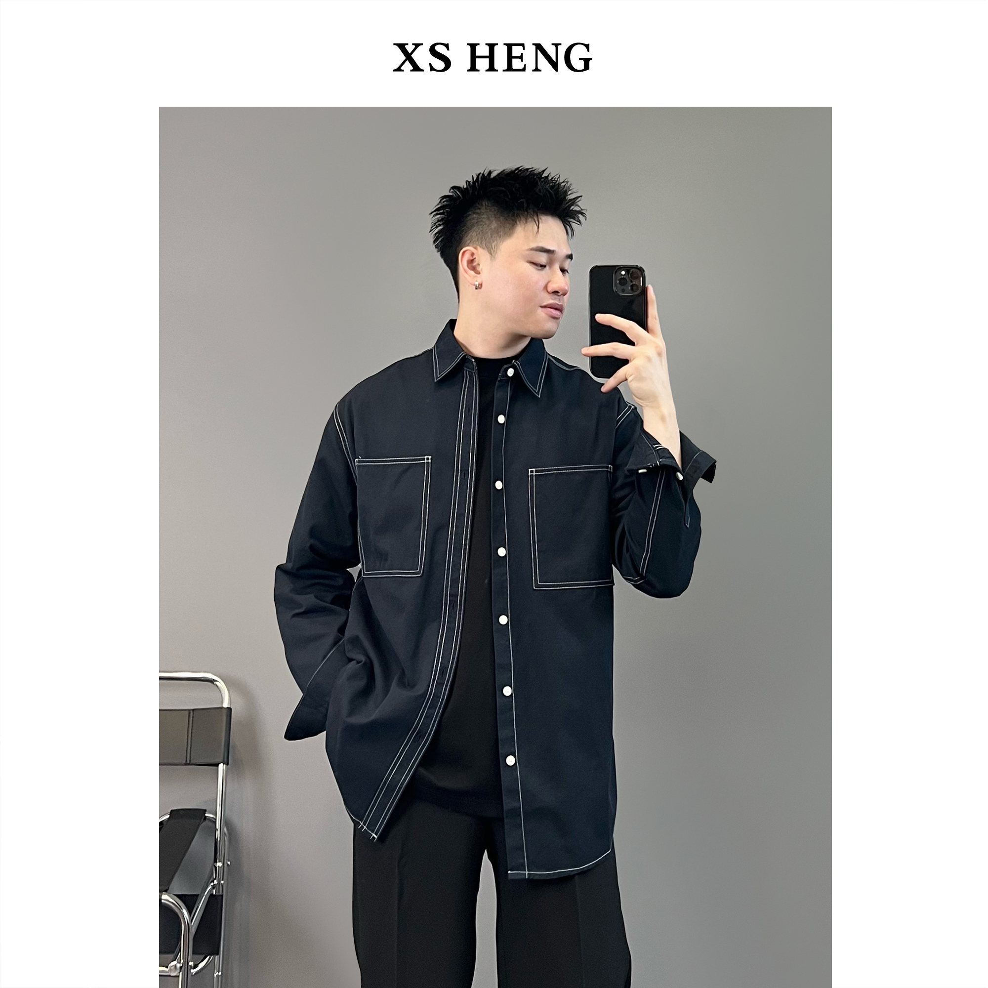 APENG秋 设计款明线纯棉百搭休闲长袖翻领衬衫#2106
