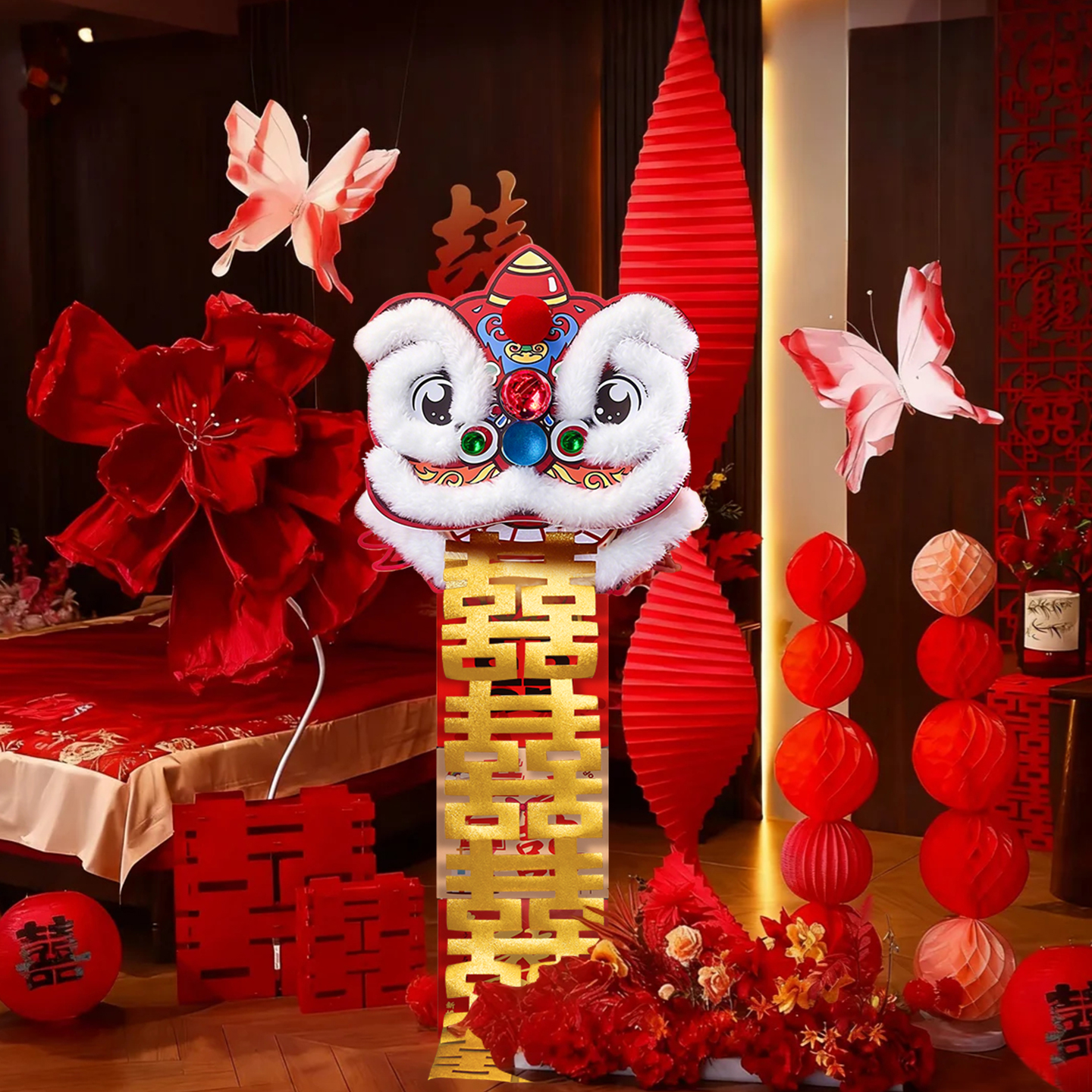 ⑩结婚客厅婚房布置套装婚礼女方卧室晨袍拍照道具醒狮折纸摆件