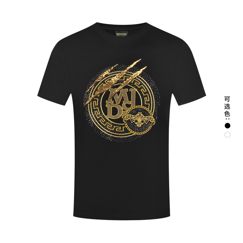 夏季印花JEDOSS/爵迪斯男装2025春夏新款字母LOGO烫钻珠片短袖T恤
