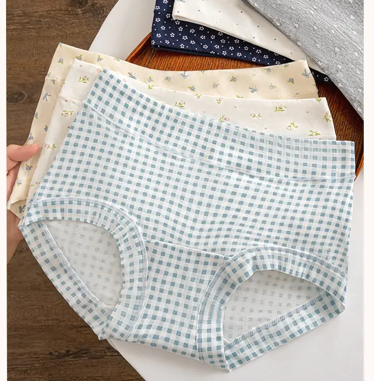 初奈奴中高腰10A抑菌纯棉平角女士田园碎花内裤舒适透气2876