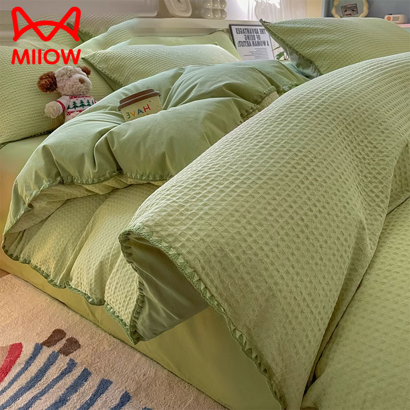 猫人冬季全棉华夫格床上四件套2024新款简约纯棉被套床单床笠床品