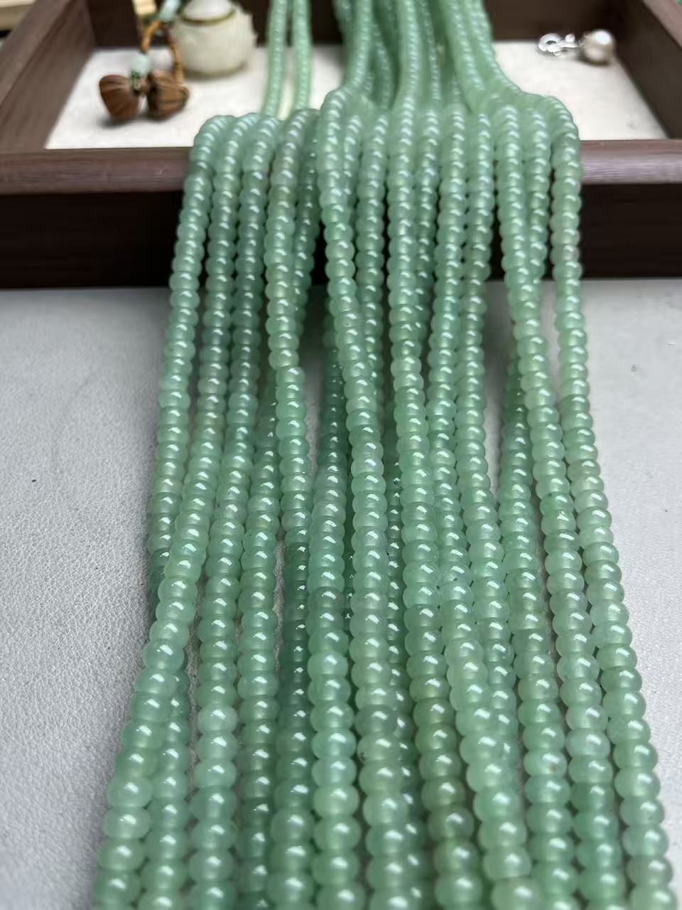 天然6/3mm左右绿东陵玉算盘珠散珠半成品长度37颗左右可DIY当隔片