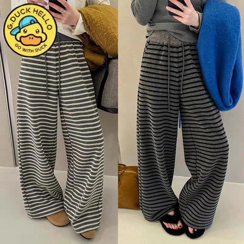 小黄鸭女童裤撞色条纹阔腿裤女2025春季宽松慵懒感休闲裤长裤