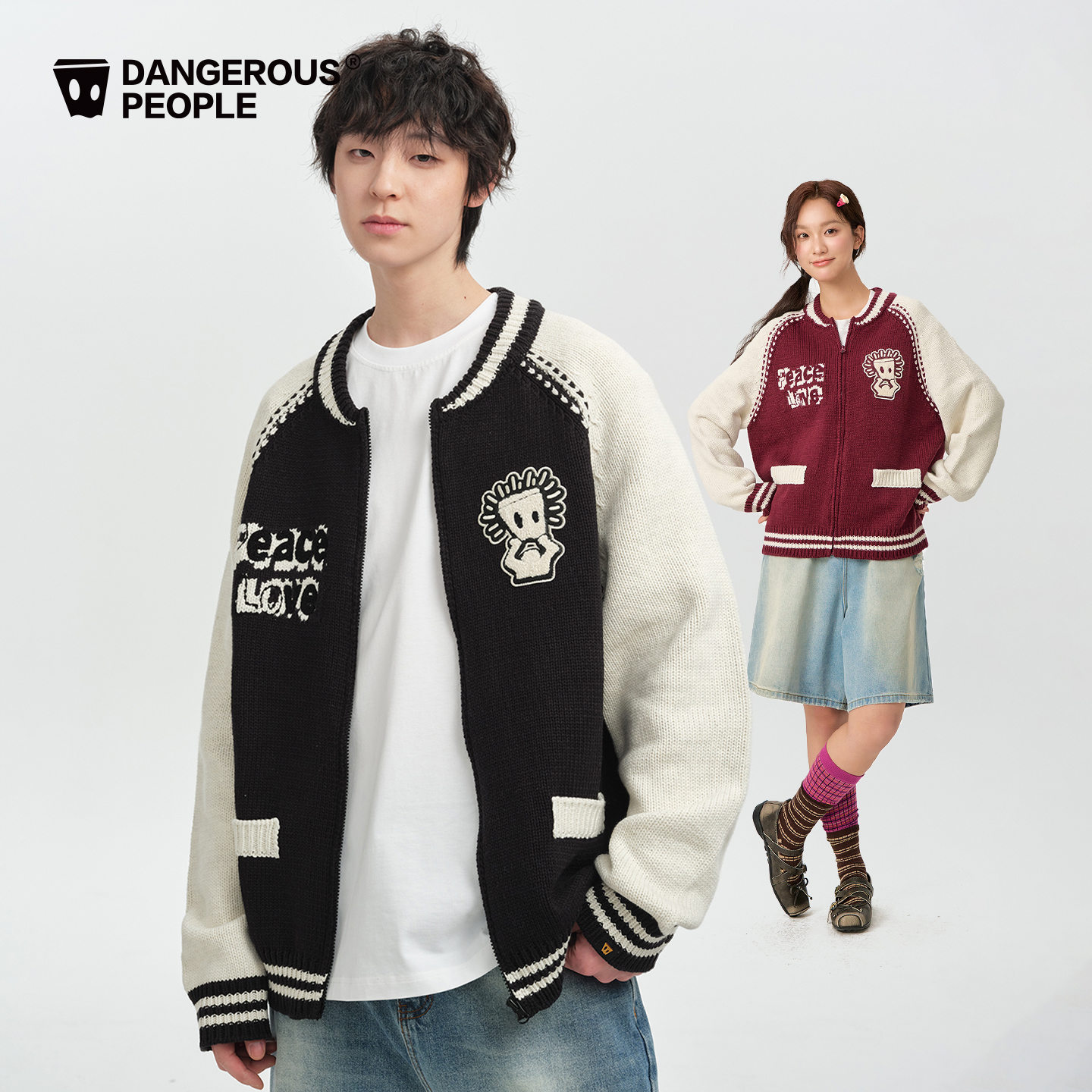 Dangerouspeople薛之谦dsp棒球领撞色设计情侣百搭潮针织毛衣开衫