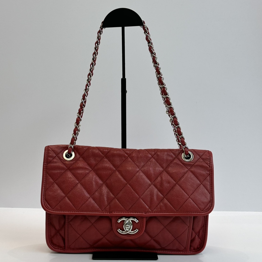 95新 Chanel/香奈儿 红银荔枝牛CF链条包 41211