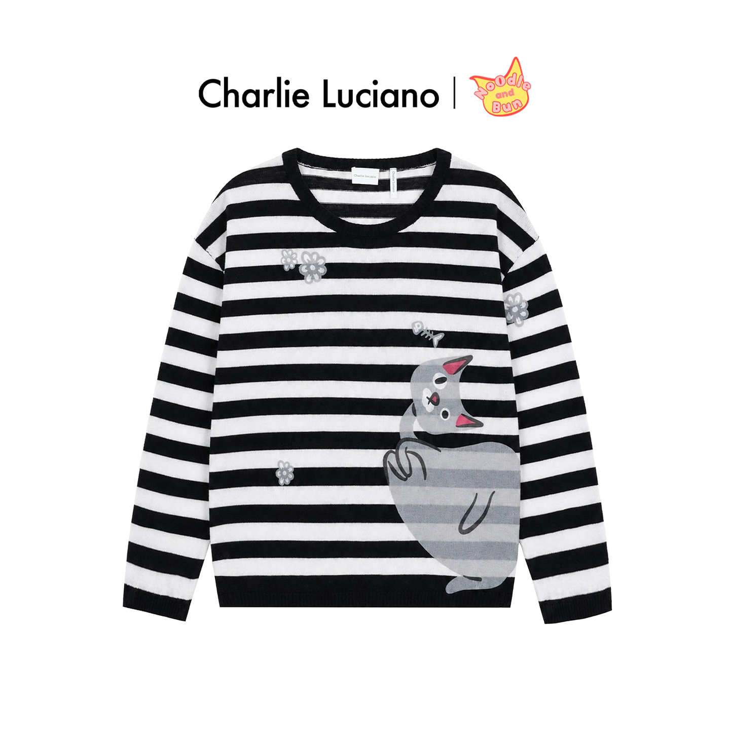 CharlieLuciano面条和面包联名印花条纹长袖T恤新款时尚圆领衫