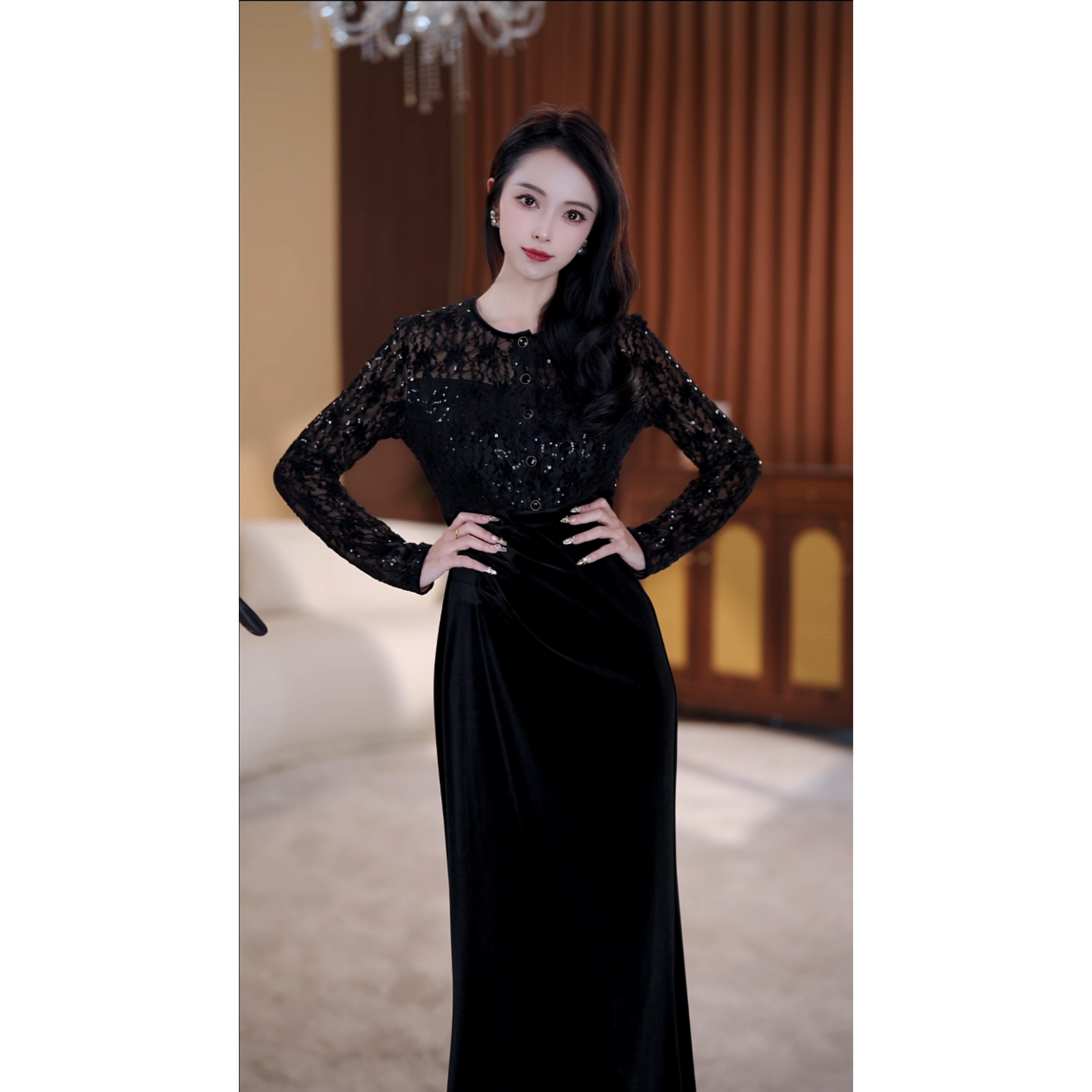 【楠雅】瑶池夜宴秋季新款法式气质收腰显瘦鱼尾连衣裙-YL11124