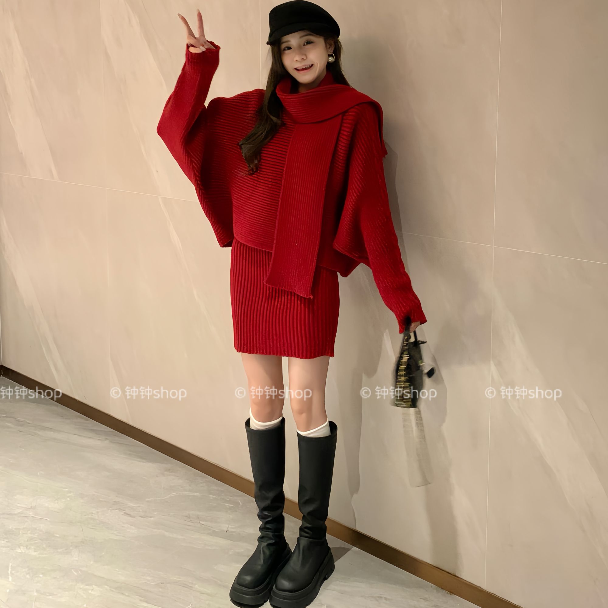 氛围感一字领气质针织三件套女25蝙蝠衫上衣配围巾半身裙毛衣套装