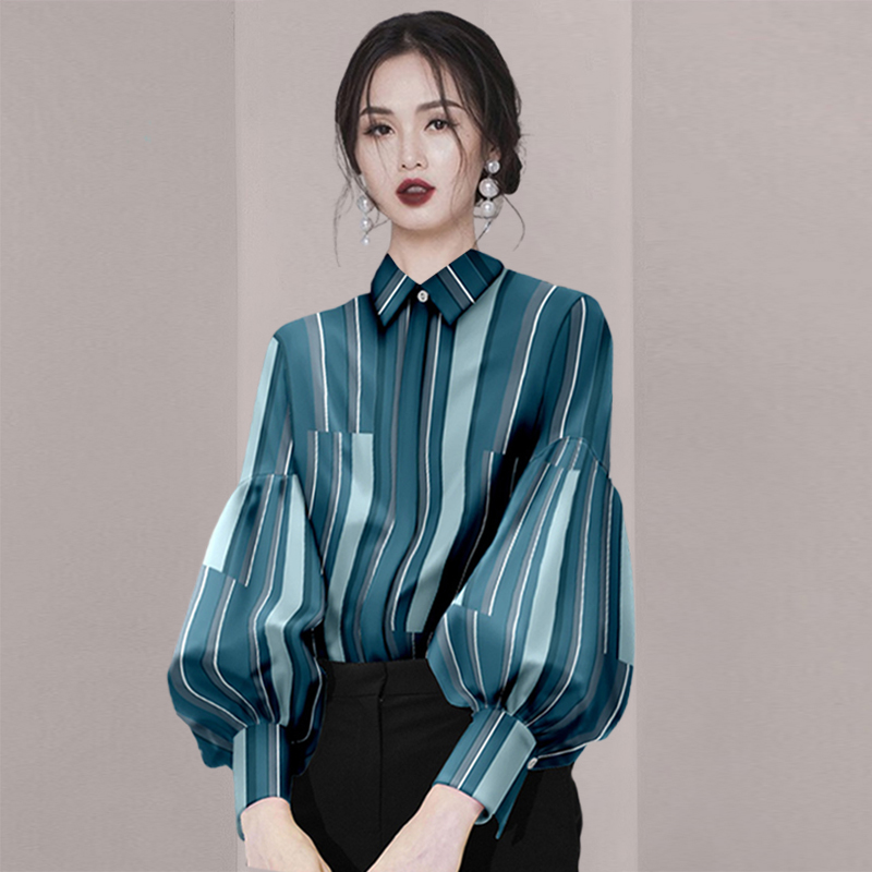 秋季2025新款欧美流行条纹衬衫女时尚灯笼袖衬衣洋气上衣