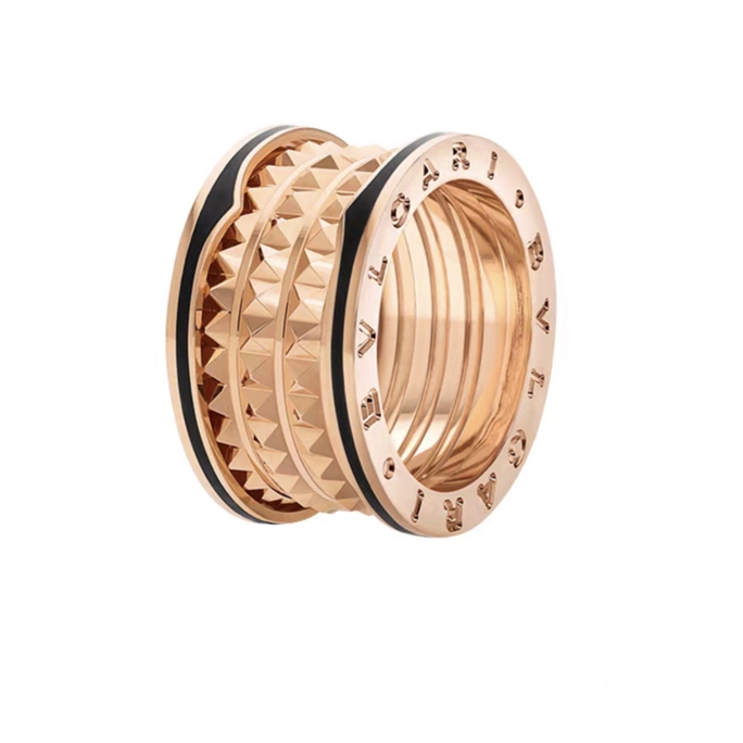 99新 BVLGARI/宝格丽 玫瑰金铆钉 黑陶瓷四环戒指AN859089