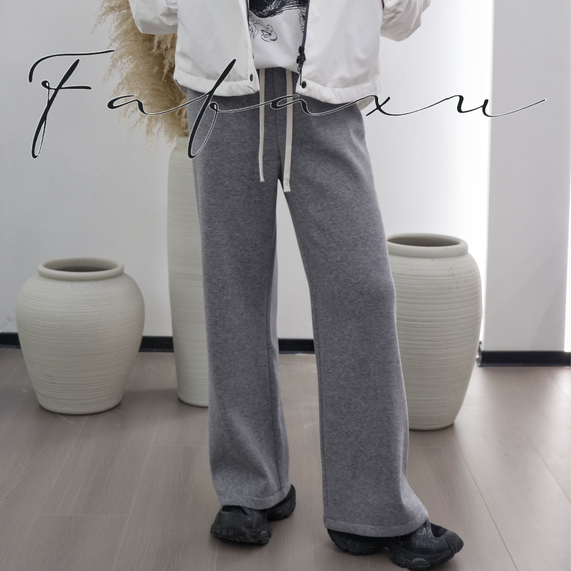 【JAN WOMEN】灰色/杏色加绒卫裤显瘦直筒休闲裤抽绳宽松秋冬百搭